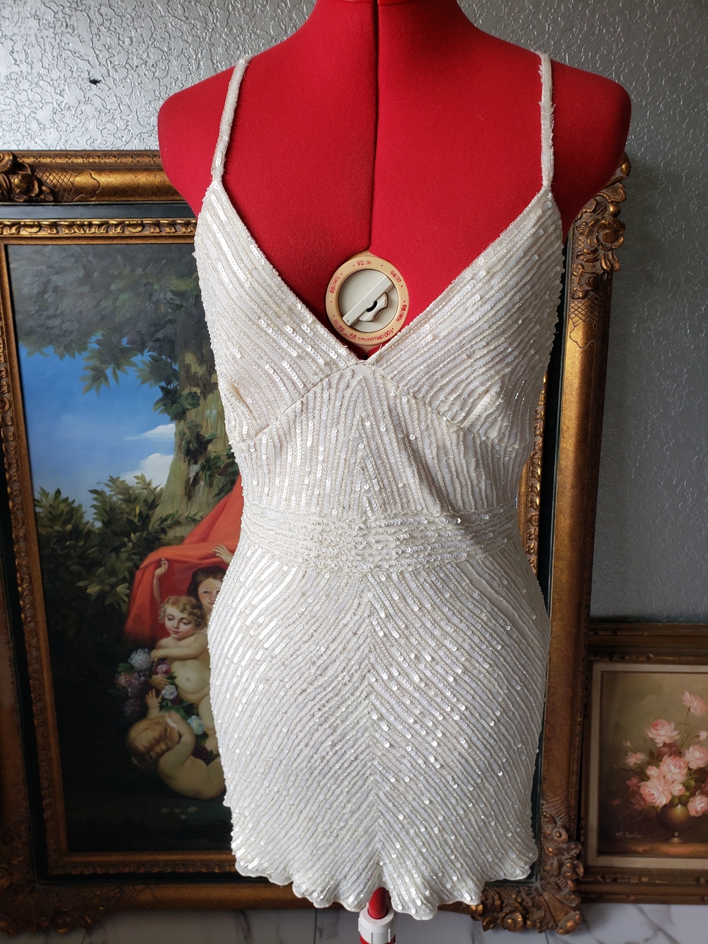 Ivory Sequin Spaghetti-Strap Mini Dress